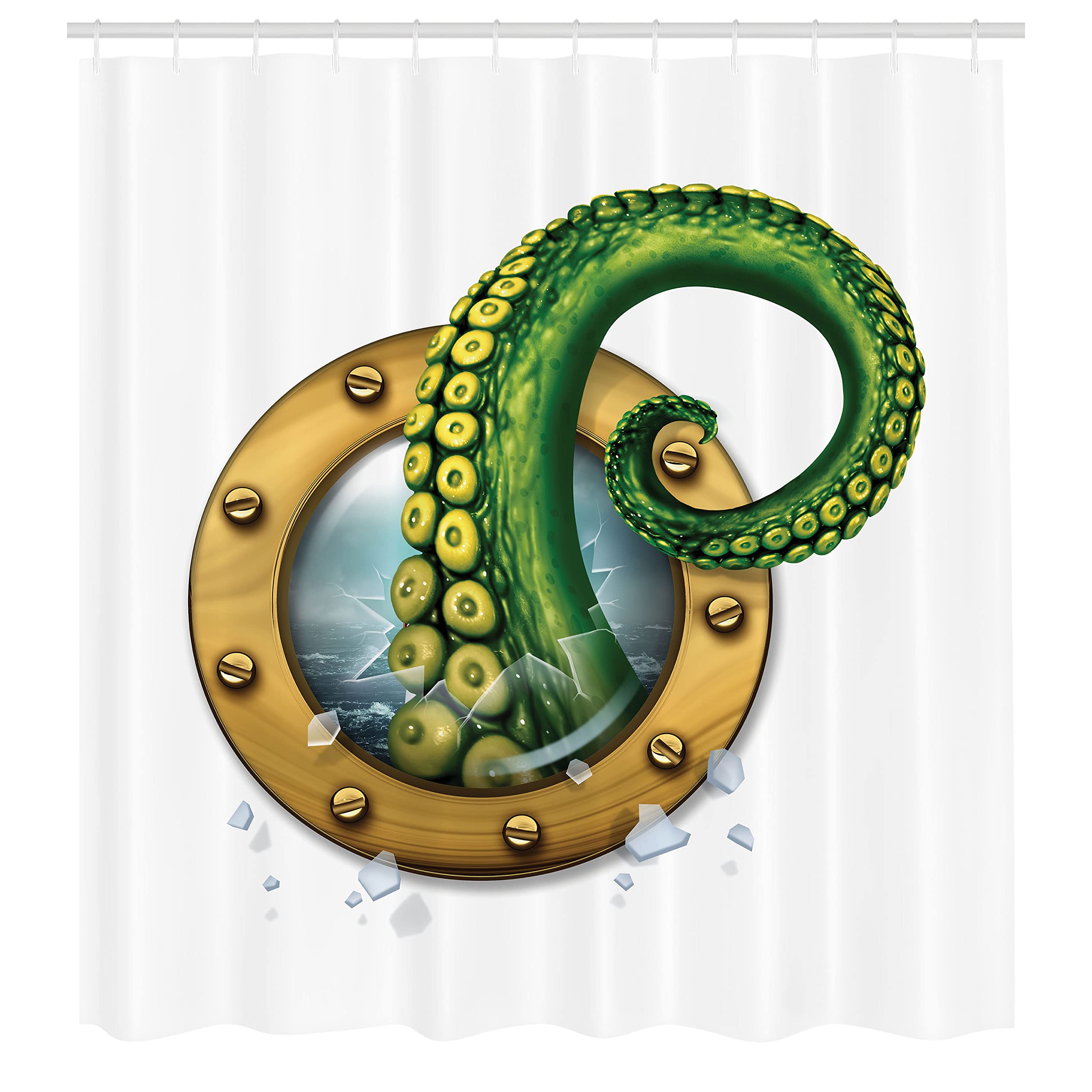 Ambesonne Octopus Shower Curtain, Ship Porthole Tentacles, Cloth Fabric Bathroom Decor Set With Hooks, 69'' W X 70'' L, Fern Bro